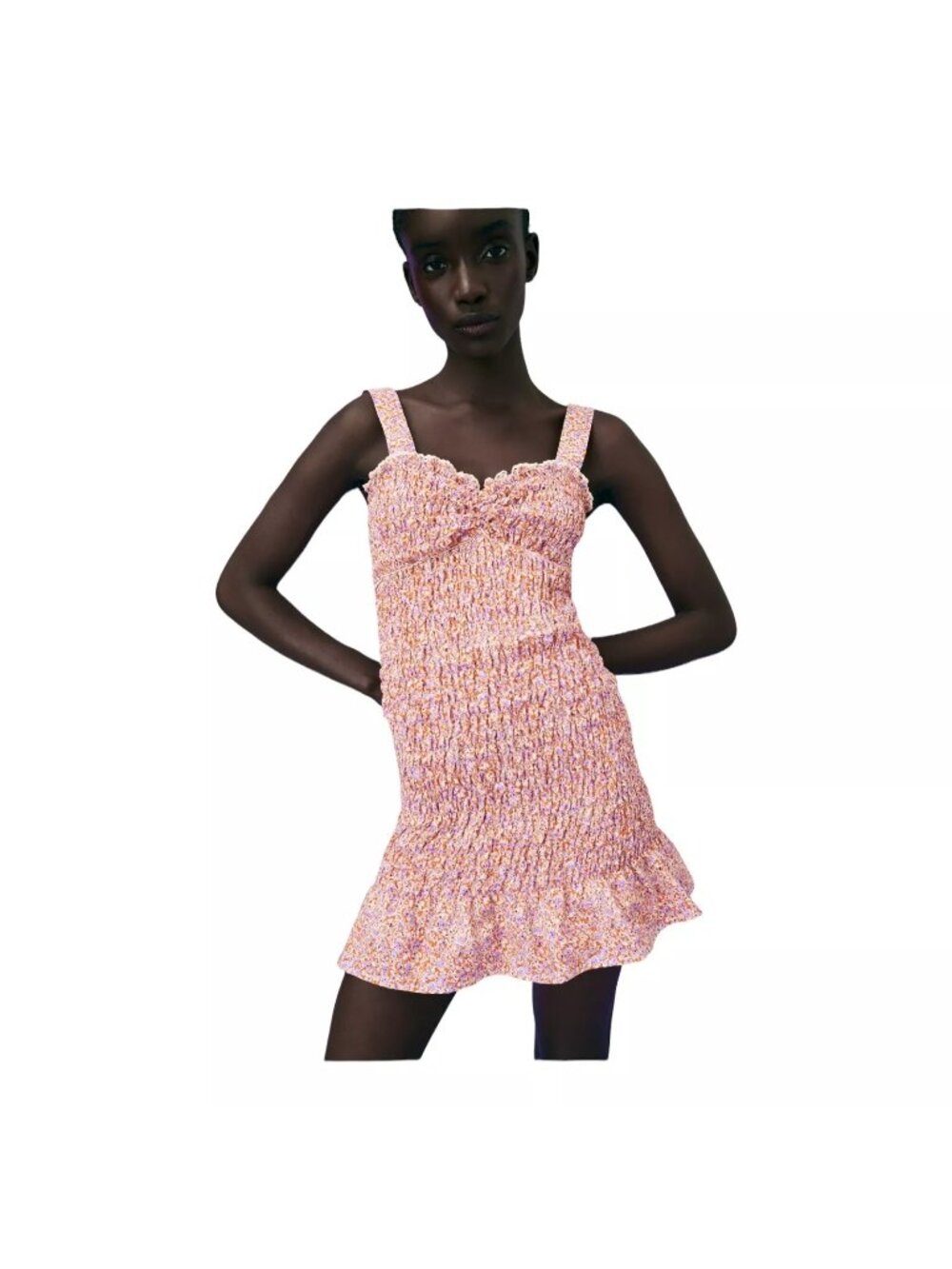 Zara Mini Dress Large Smocked Ruffle Bodycon Ditsy Floral Sundress Boho Fairy